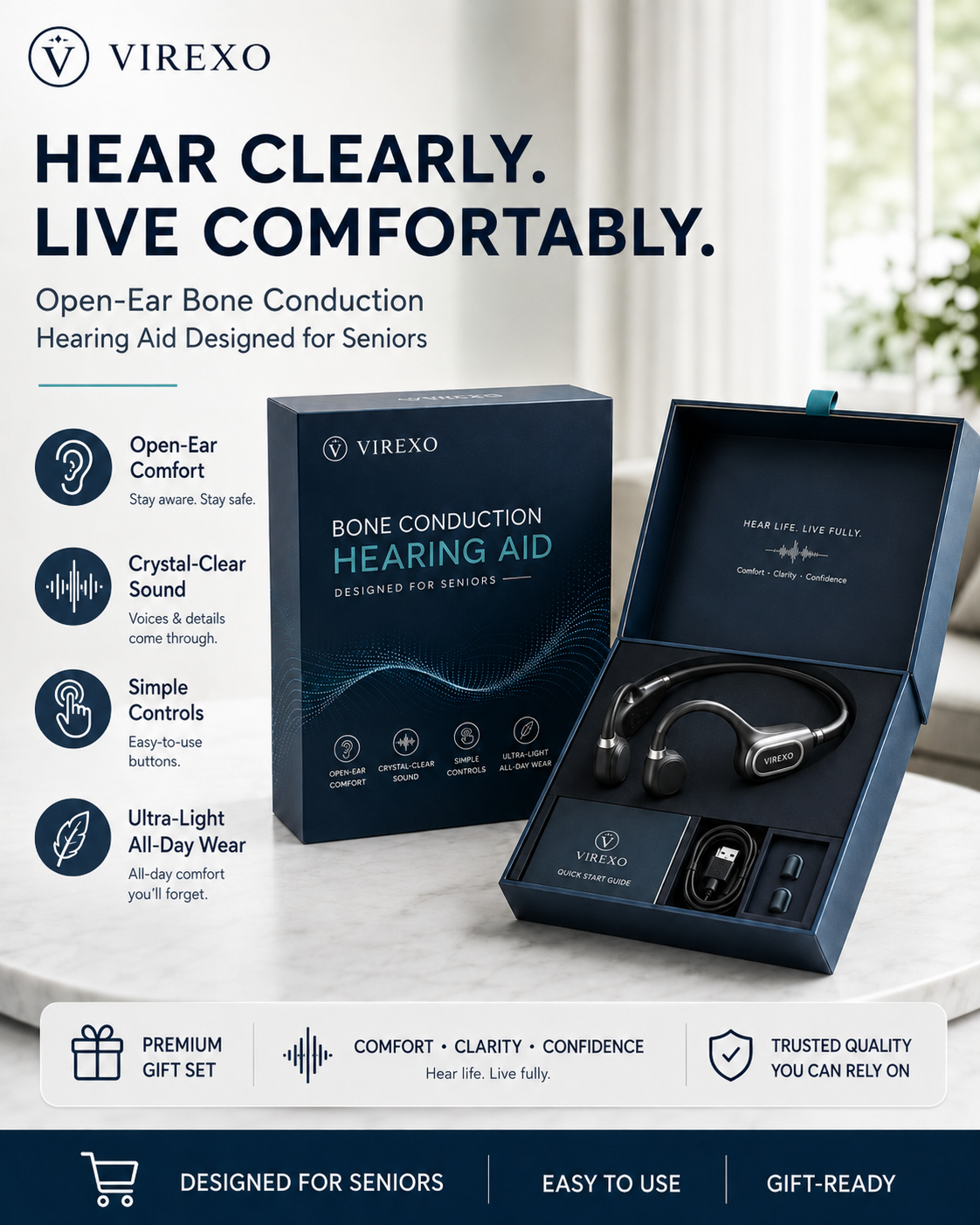 🎧 Open-Ear Bone Conduction Hearing Headphones ✨ Clearer Conversations, Comfortable Wear & Smart Daily Listening Support