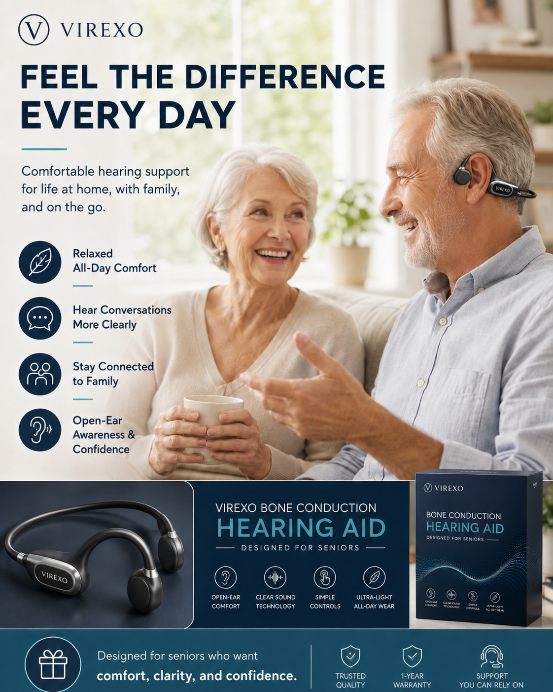 🎧 Open-Ear Bone Conduction Hearing Headphones ✨ Clearer Conversations, Comfortable Wear & Smart Daily Listening Support