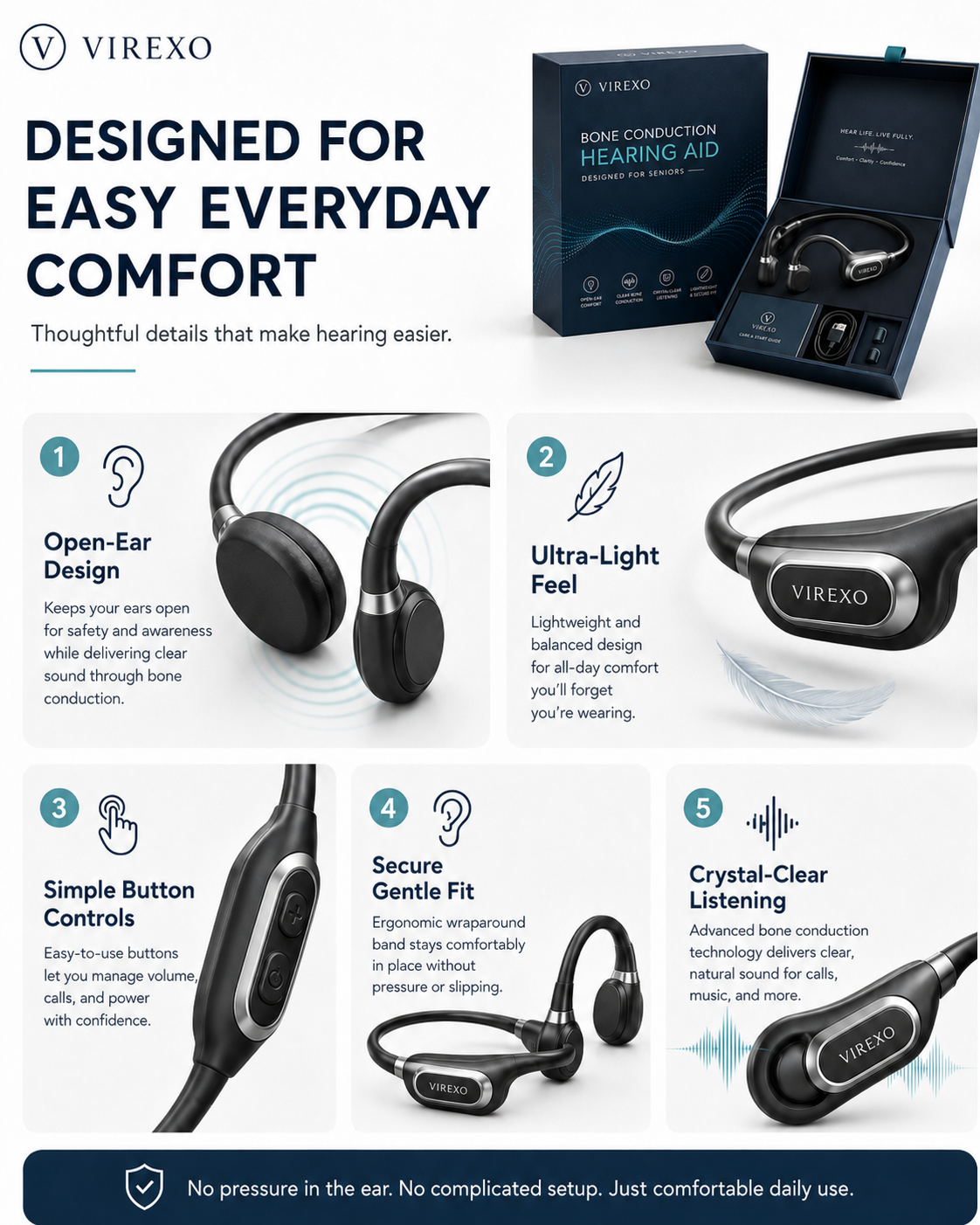 🎧 Open-Ear Bone Conduction Hearing Headphones ✨ Clearer Conversations, Comfortable Wear & Smart Daily Listening Support